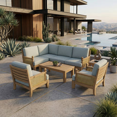 Anderson Teak SET-73 Luxe Teak Wood outdoor sectional sofa set with beige cushions, designed for garden lounge, in natural setting.