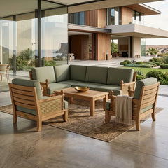 Anderson Teak SET-73 Luxe Teak Wood outdoor sectional sofa set with beige cushions, perfect for garden lounge, available in 9 colors.