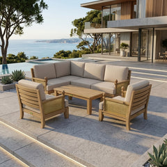 Anderson Teak SET-73 Luxe Teak Wood outdoor sectional sofa with natural cushions, designed for garden lounge, in nine colors.