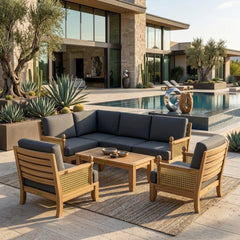Anderson Teak SET-73 Luxe Teak Wood outdoor sectional sofa set with natural canvas cushions, nine designer color options for garden lounge