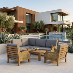 Anderson Teak SET-73 Luxe Teak Wood outdoor sectional sofa set with natural canvas cushions for garden lounge, in 9 designer colors.