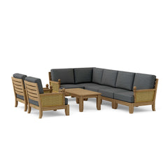 Anderson Teak Luxe Teak Wood outdoor sectional sofa set with beige cushions, designed for garden lounge, in natural setting.