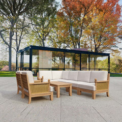 Luxury Anderson Teak SET-74 Luxe Teak Wood outdoor sectional sofa set with natural canvas cushions in multiple designer colors for garden lounge.