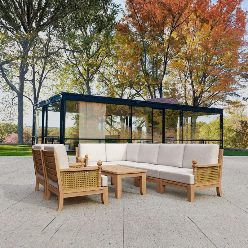 Luxury Anderson Teak SET-74 Luxe Teak Wood outdoor sectional sofa set with natural canvas cushions in multiple designer colors for garden lounge.