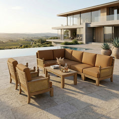 Anderson Teak SET-74 Luxe Teak Wood outdoor sectional sofa set with neutral cushions, designed for garden lounge, in natural color