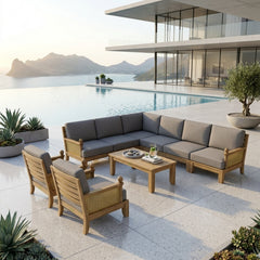 Anderson Teak Luxe Teak Wood outdoor sectional sofa set in natural finish with cushions, designed for garden lounge relaxation.