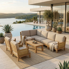 Anderson Teak SET-74 Luxe teak wood outdoor sectional sofa set with natural fabric cushions, stylish garden lounge furniture.
