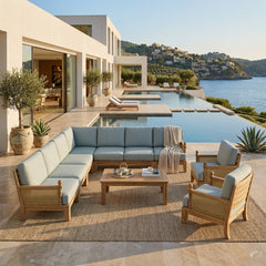 Anderson Teak SET-74 Luxe Teak Wood outdoor sectional sofa in natural finish, designed for garden lounge, with cushions in 9 designer colors.