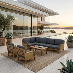 Anderson Teak SET-74 Luxe teak wood outdoor sectional sofa set with plush cushions in natural, garden lounge setting.
