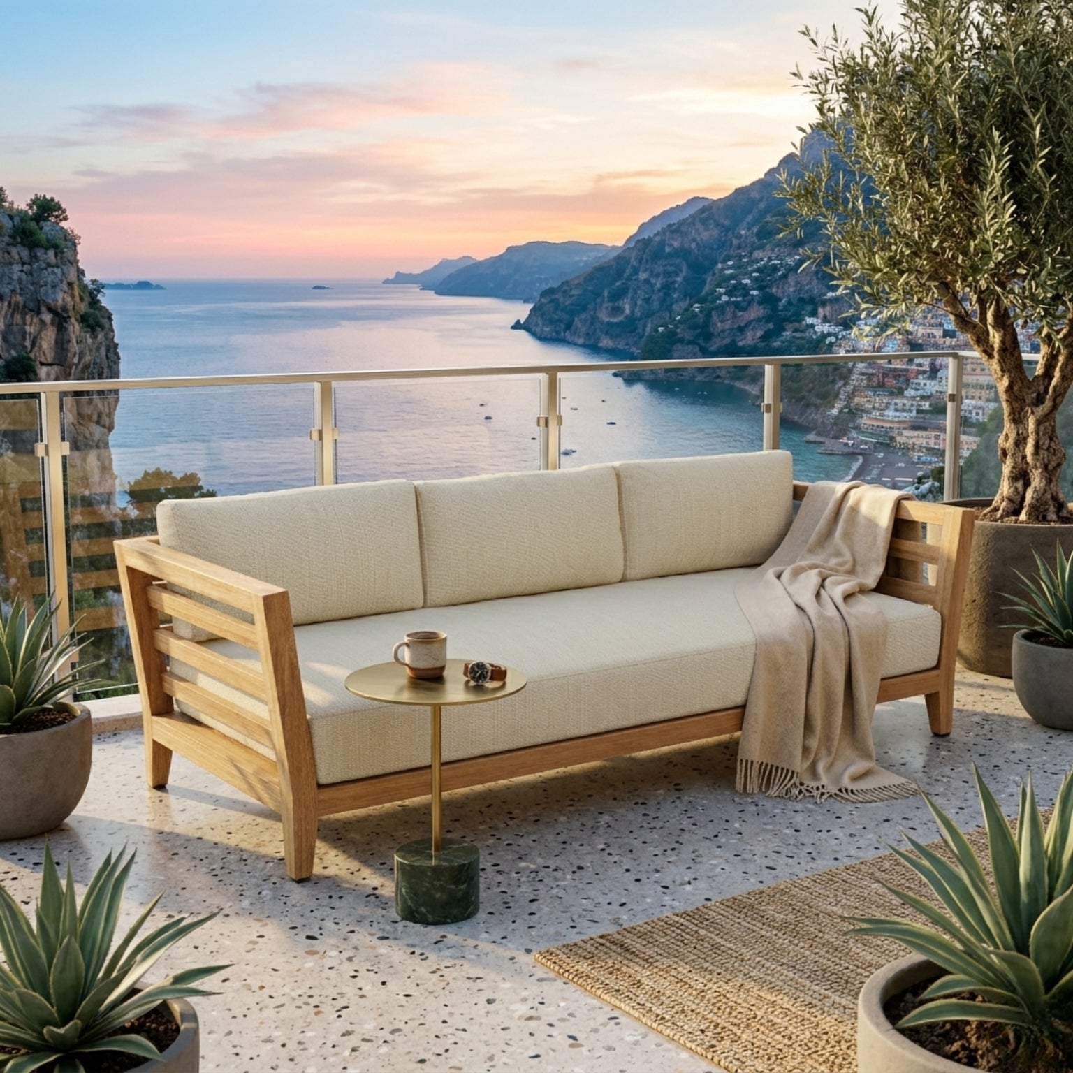 Anderson Teak Cordoba outdoor teak wood 3-seater sofa in navy canvas for garden lounge, available in 9 designer colors.