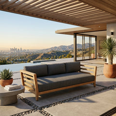 Anderson Teak Cordoba teak wood outdoor 3-seater sofa with navy canvas cushions, perfect for garden lounge in 9 designer colors.