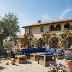 Anderson Teak Copacabana teak wood outdoor sectional sofa set in navy canvas, designed for garden lounge with nine color options.