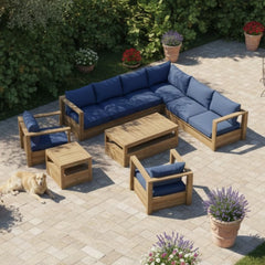 Anderson Teak Copacabana teak wood outdoor sectional sofa set with navy canvas cushions, garden lounge furniture in 9 designer colors
