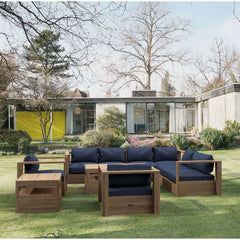 Anderson Teak Copacabana Teak Wood outdoor sectional sofa set with navy canvas cushions for garden lounge, available in 9 designer colors.