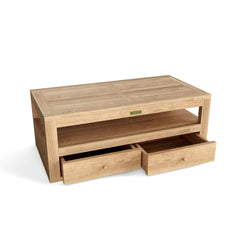 Anderson Teak Copacabana teak wood outdoor sectional sofa set in navy with cushions, perfect for garden lounge areas.