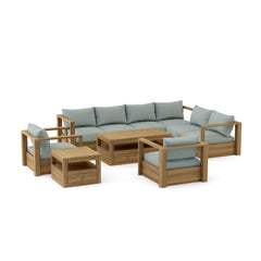 Anderson Teak Copacabana teak wood outdoor sectional sofa set in navy with cushions, perfect for garden lounge patios.