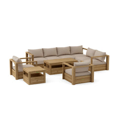 Anderson Teak Copacabana teak wood outdoor patio sectional sofa set in navy, with cushions for garden lounge seating.