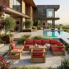 Outdoor patio sectional sofa set by Anderson Teak in navy canvas, made from durable teak wood for garden lounge comfort.