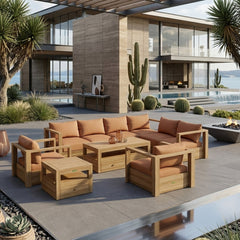 Anderson Teak Copacabana teak wood outdoor sectional sofa set with navy canvas cushions, 9 designer colors, perfect for garden lounge.