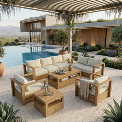 Anderson Teak Copacabana teak wood outdoor sectional sofa set with navy canvas cushions, designed for garden lounge in 9 colors.