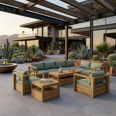 Anderson Teak Copacabana teak wood outdoor sectional sofa set in navy canvas, perfect for garden lounge with 9 designer colors.