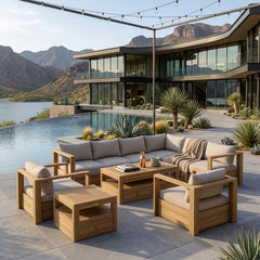 Anderson Teak Copacabana teak wood outdoor sectional sofa set in navy with canvas cushions, perfect for garden lounge areas.