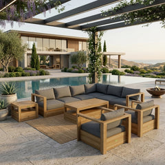 Anderson Teak Copacabana teak wood outdoor sectional sofa set in navy with cushions, designed for garden lounge outdoor patio.
