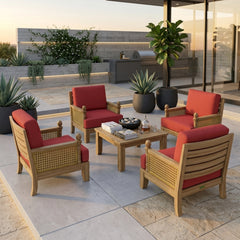 Anderson Teak Luxe Modular Teak Wood Sofa Set in navy outdoor patio seating with 9 designer colors for garden lounge.