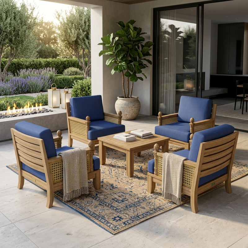 Anderson Teak SET-55 Luxe modular teak wood outdoor sofa set in navy with plush cushions, designed for garden lounge comfort.