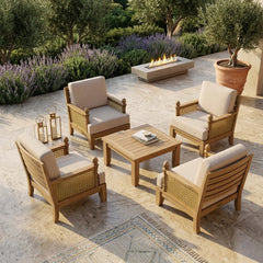 Anderson Teak SET-55 Luxe modular teak wood outdoor sofa set with navy canvas cushions, designed for garden lounge comfort.