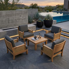 Anderson Teak SET-55 Luxe modular teak wood outdoor sofa set with navy cushions for garden lounge and patio seating.
