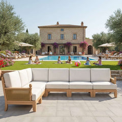 Anderson Teak SET-67 Luxe Teak Wood Outdoor Sofa Set with navy canvas cushions, designed for garden lounge and outdoor patio use.
