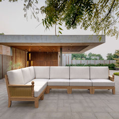 Anderson Teak Luxe Teak Wood Outdoor Sectional Sofa in navy canvas with deep seating, perfect for garden lounge, available in 9 colors.