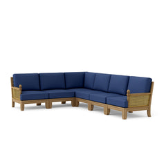 Anderson Teak Luxe Teak Wood Outdoor Patio Sectional Sofa in Navy canvas, stylish deep seating for garden lounge.