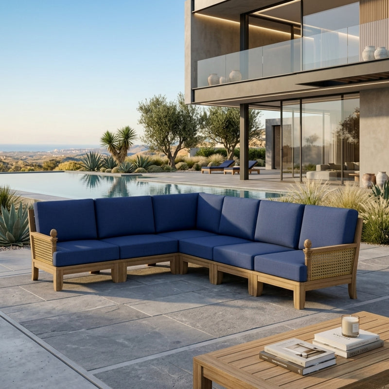 Anderson Teak SET-67 Luxe Teak Wood Outdoor Sectional Sofa in navy, designed for garden lounge with nine color options.