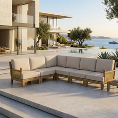 Anderson Teak SET-67 Luxe Teak Wood Outdoor Sofa Set with navy canvas cushions, perfect for garden lounge, 9 designer colors available.