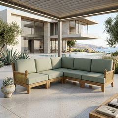 Anderson Teak Luxe Teak Wood Outdoor Patio Sectional Sofa Set in navy canvas, designed for garden lounge with 9 color options.