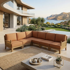 Anderson Teak SET-67 Luxe Teak Wood Deep Seating Outdoor Patio Sectional Sofa in navy canvas, designed for garden lounge comfort.
