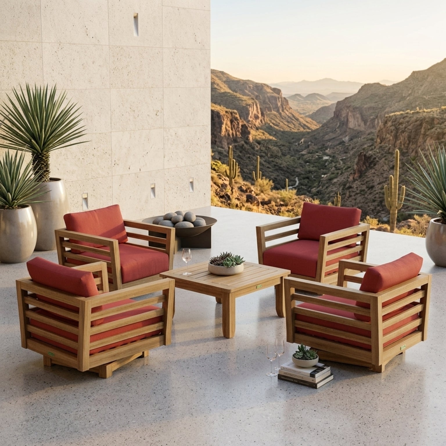 Set of Anderson Teak Cordoba Teak Wood Outdoor Patio Swivel Chairs in 9 designer colors for garden lounge seating.