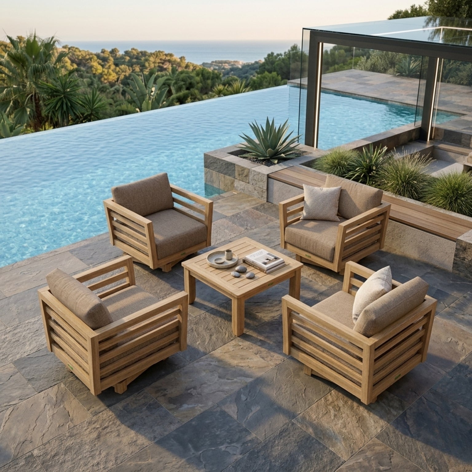Anderson Teak Cordoba Teak Wood Outdoor Patio Sofa Set with swivel chairs in vibrant designer colors for garden lounge seating.