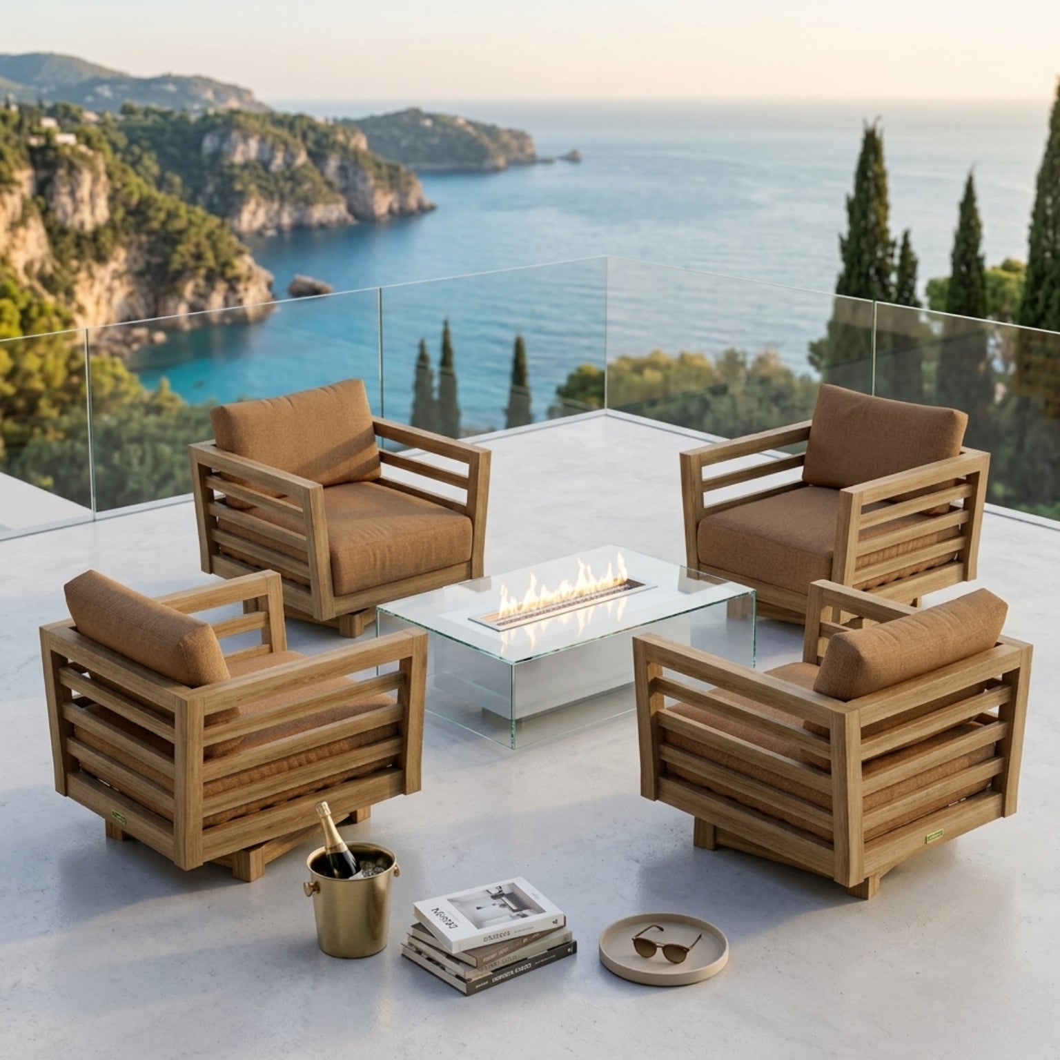 Anderson Teak Cordoba Teak Wood Seating set featuring outdoor patio swivel chairs in natural teak finish, designed for garden lounge use.