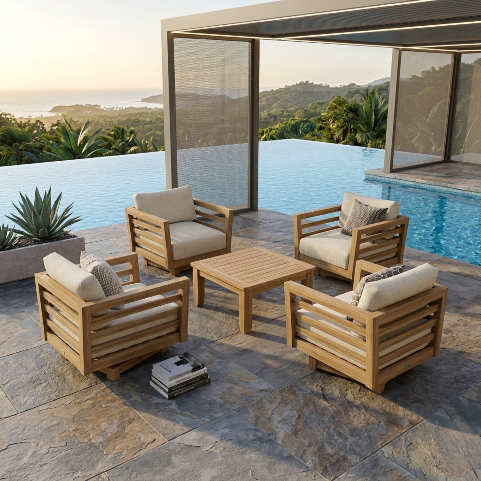 Anderson Teak Cordoba Teak Wood outdoor patio sofa set with swivel chairs in natural finish, designed for garden lounge seating.