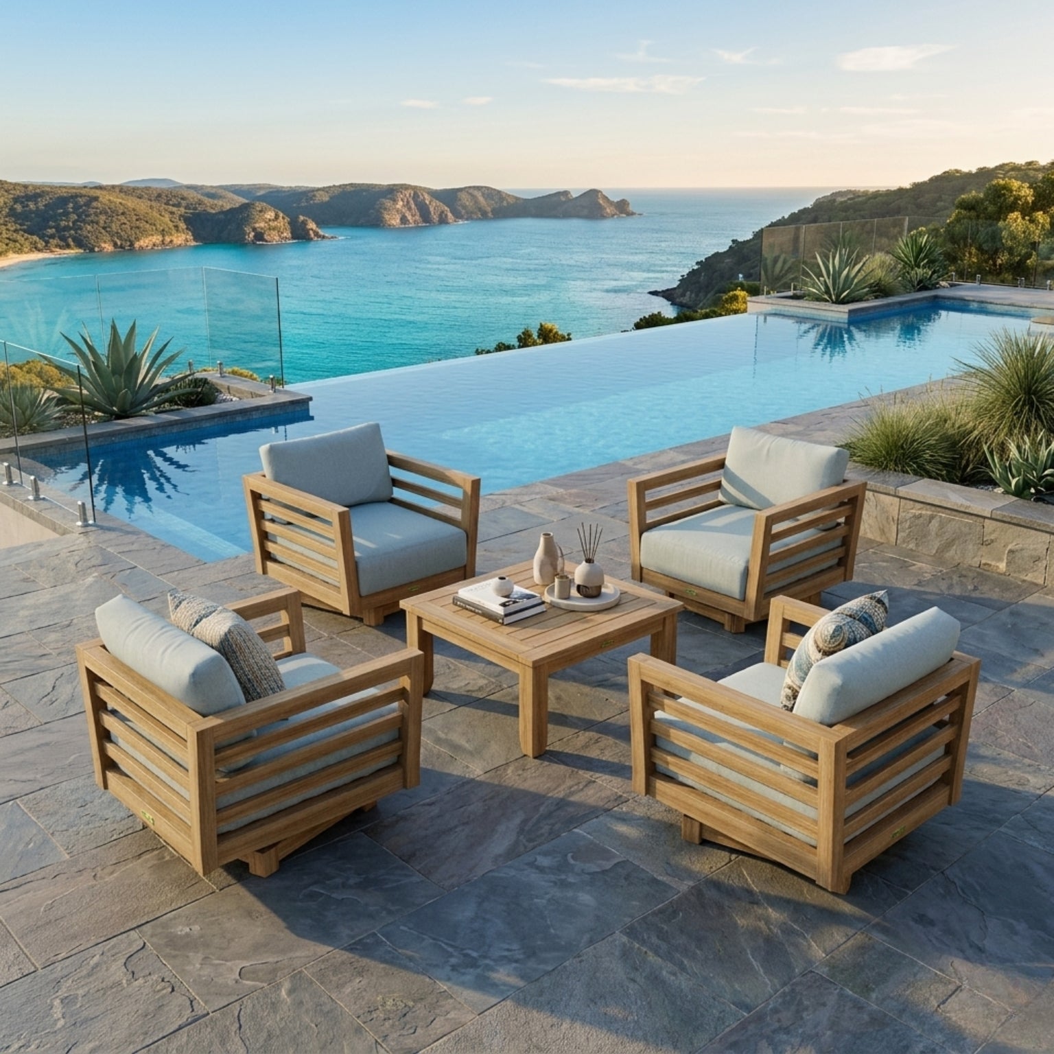 Cordoba teak wood outdoor patio conversational swivel chair set by Anderson Teak, featuring a stylish garden lounge sofa in 9 designer colors.