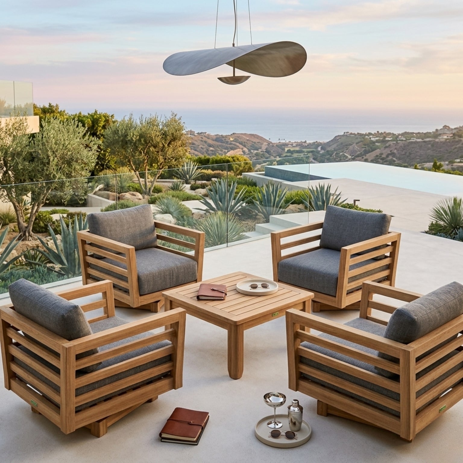 Anderson Teak Cordoba Teak Wood Outdoor Patio Swivel Sofa Set with 9 designer color options for garden lounge seating.