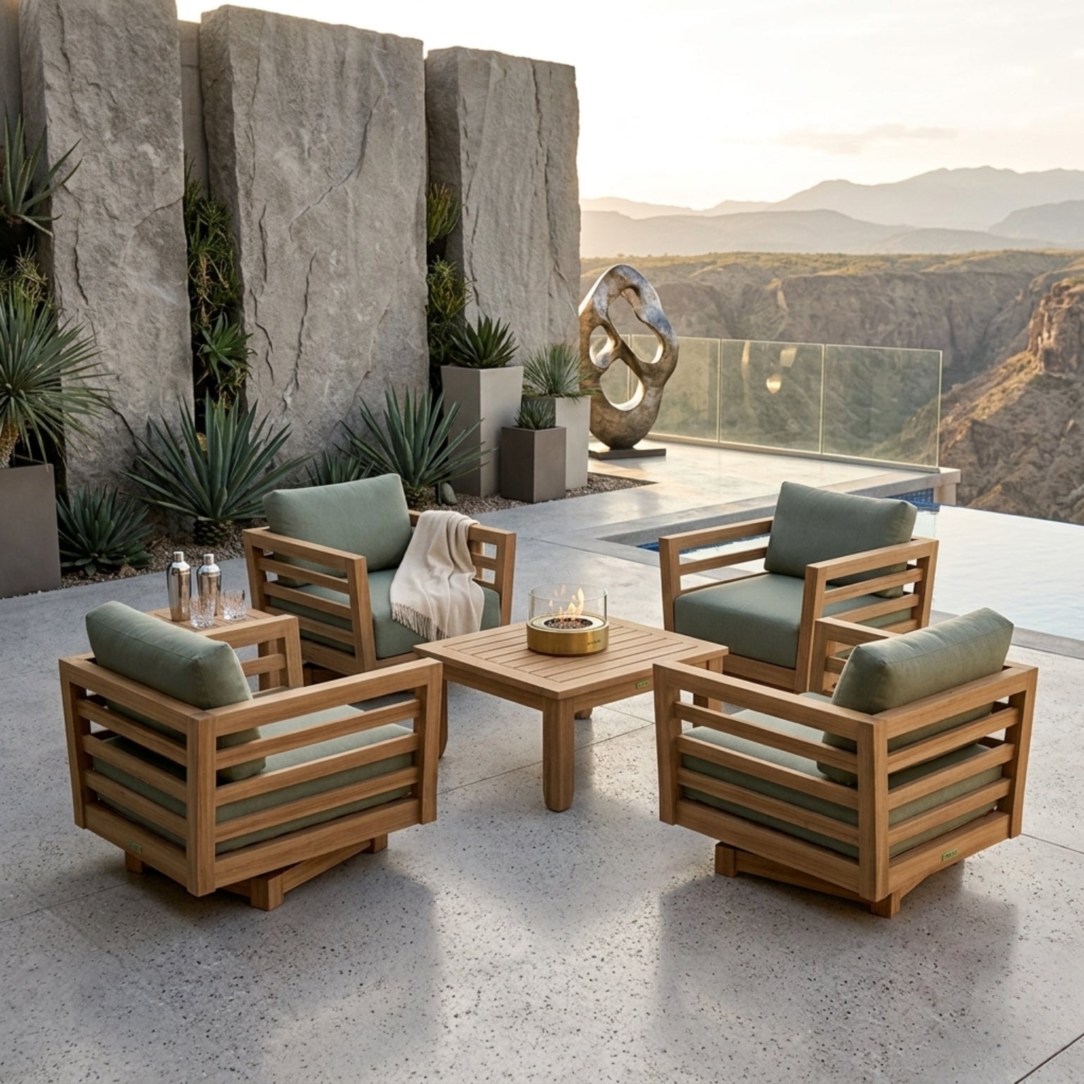 Anderson Teak Cordoba teak wood outdoor patio sofa set with swivel chairs in various designer colors, ideal for garden lounging.