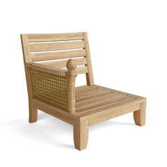 Anderson Teak Luxe Teak Wood Outdoor Sofa Set with deep seating, modern design, in a garden lounge setting with multiple color options.
