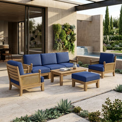 Anderson Teak SET-68 Luxe Teak Wood outdoor patio sofa set with deep seating, in a modern garden lounge setting, available in 9 designer colors.