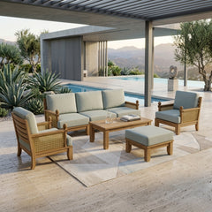 Anderson Teak SET-68 Luxe Teak Wood outdoor sofa set with deep seating, shown in a natural garden lounge setting and nine designer colors.