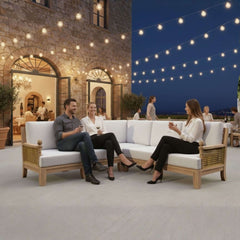Anderson Teak SET-66 Luxe Teak Wood outdoor sectional sofa set with deep seating, shown in a garden lounge setting, in natural wood finish.