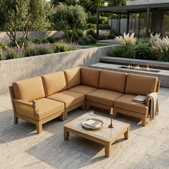 Anderson Teak Luxe Teak Wood Outdoor Sectional Sofa Set with deep seating, in cast ash finish, designed for garden lounge, 9 color options.